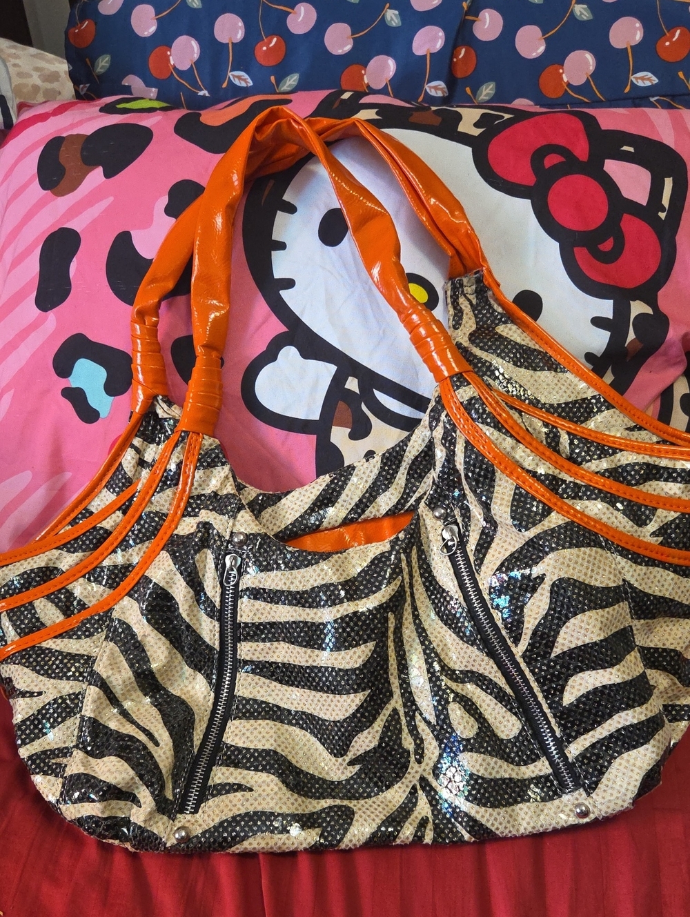 Vintage Zebra Print Sequin Hobo Bag with Orange Trim